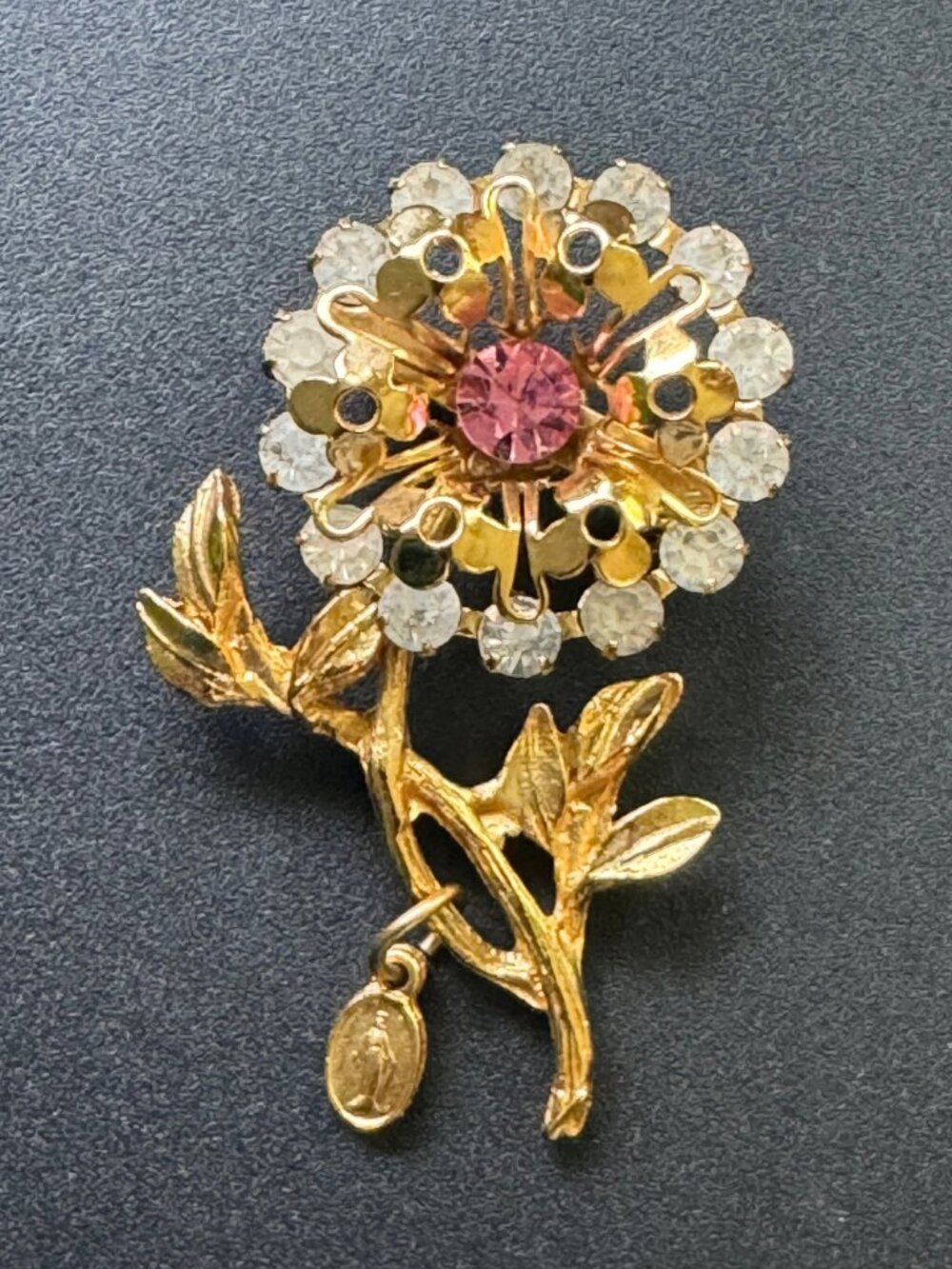 Vintage Mid-Century Floral Spray Brooch Pink Rhinestone with Religious Charm